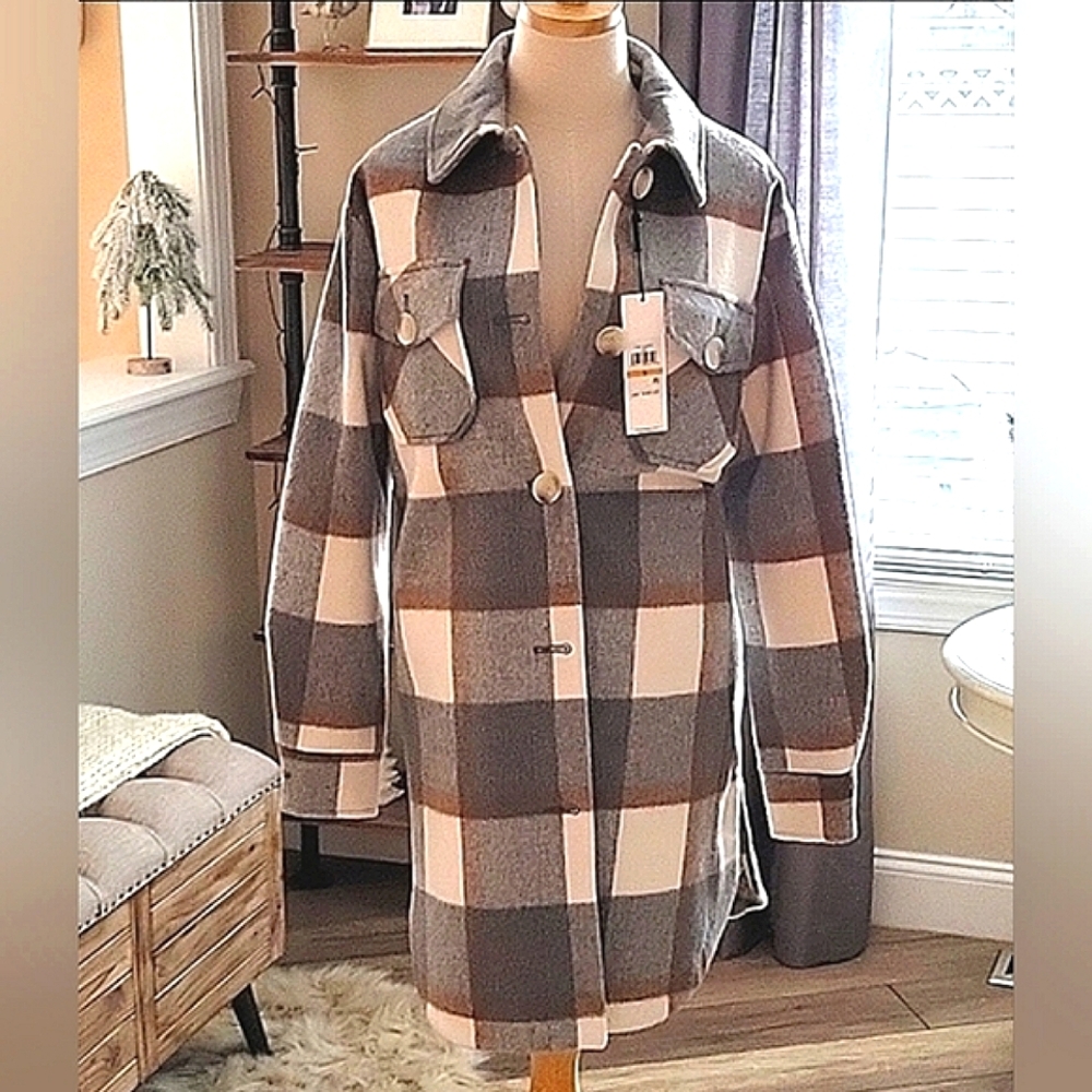 Calvin Klein Coat Oversized Button-Up Neutral Buffalo Check Print Wool Blend NWT